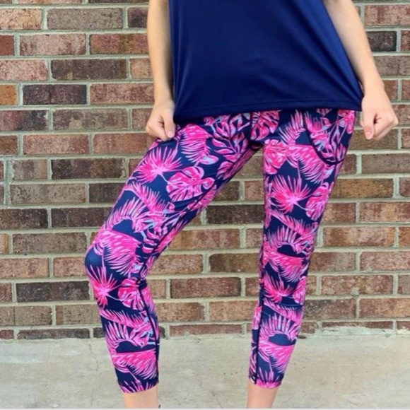 Simply Southern Pants - Simply Southern Pink and Navy Palm Leaf Tropical Print Leggings Medium